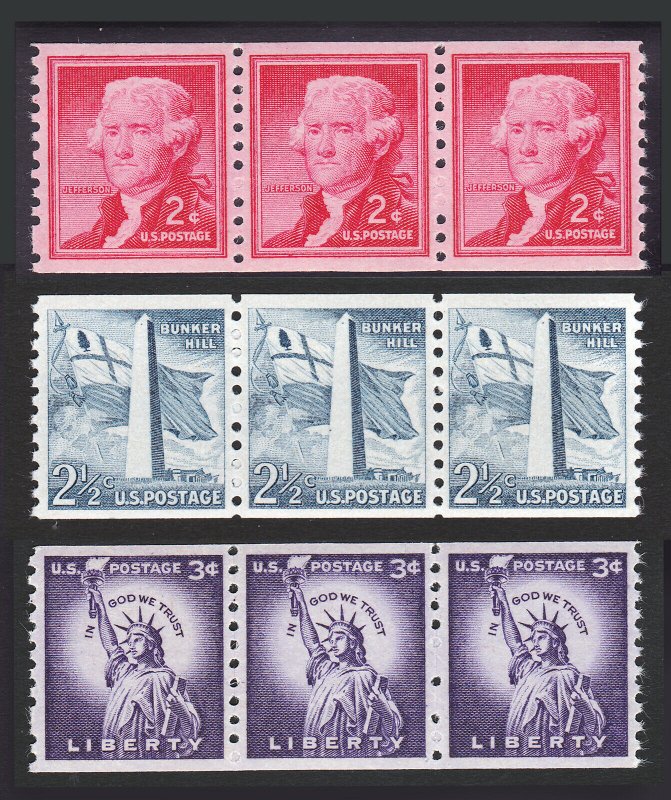 US STAMP SCOTT #1055-1057 ROTARY PRESS COIL STAMPS STRIPS OF 3 MNH-OG 1954 