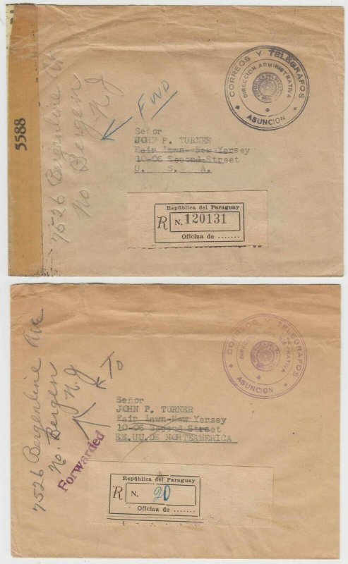 PARAGUAY 1944 CENSOR & UNCENSORED STAMPLESS OFFICIAL R-COVERS TO USA UNCOMMON! 