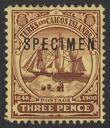 TURKS & CAICOS ISLANDS 1905 Ship 3d purple on yellow, wmk Mult Crown, SPECIMEN.