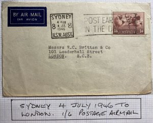 1946 Sydney Australia Airmail Commercial Cover To London England Slogan Cancel