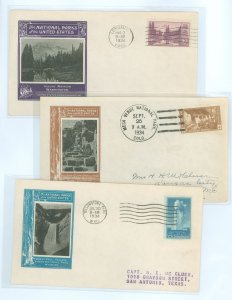 US 742-744 1934 3c Mt. Rainer, 4c  Mesa Verde, 5c Yellowstone (part of the Nat'l Park series) on three addressed FDCs wi...