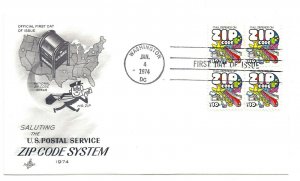 1511 10c Zip Code, ArtCraft, block of 4 FDC