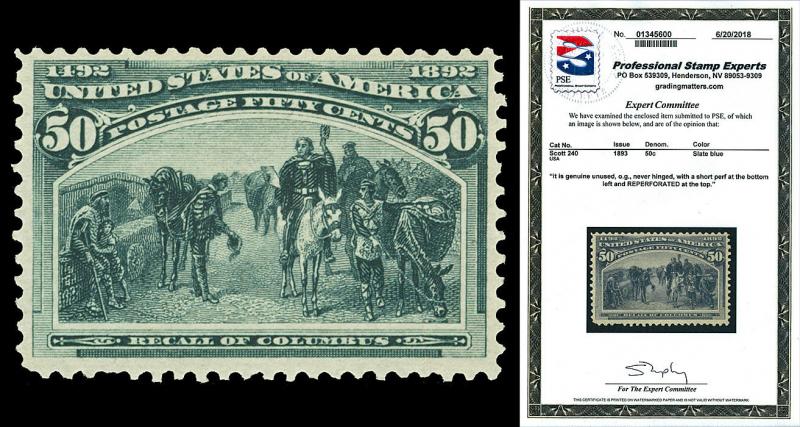 Scott 240 1893 50c Columbian Issue Mint F-VF OG NH Cat $1,300 w/ PSE CERTIFICATE