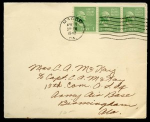 U.S. Scott 839 Coil Strip of 3 on 1942 Cover from Macon, GA to Birmingham, AL