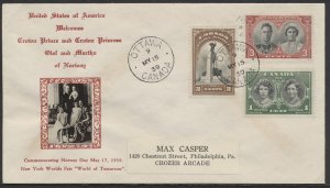 1939 #246-248 Royal Visit FDC Unusual Crosby Norway Day Cachet Ottawa CDS