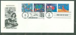 US 3414-3417 2000 Stampin' the future strip of 4, Postal employee day over stamp, Unaddressed, Artcraft FDC hand cancell...