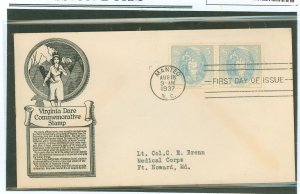 US 796 1937 5c Virginia Dare (pair) on an addressed first day cover with an Anderson cachet.
