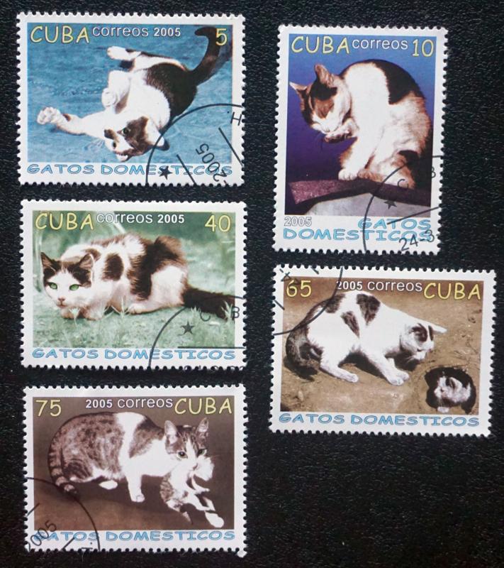 CUBA Sc# 4472-4476  CATS felines pets Complete set of 5 stamps  2005 cancelled