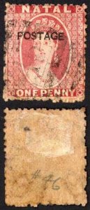 Natal SG76 1d Rose opt Postage (locally) Cat 95 pounds