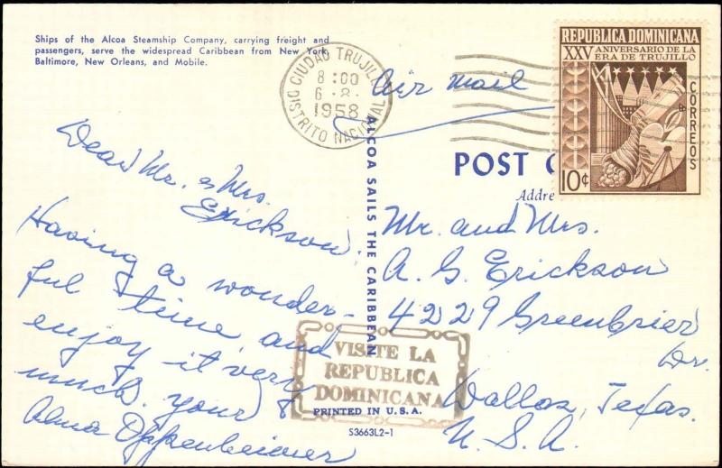 1958 DOMINICA REPUBLIC SINGLE ON POSTCARD TO UNITED STATES