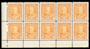 Canada #220 Cat$90, 1935 4c yellowish orange, plate block of ten, never hinged