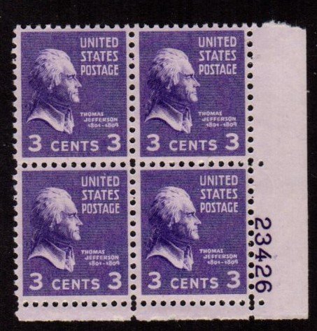 #807 Thomas Jefferson Plate Block #23426 LR - MNH