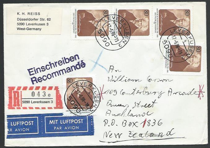 GERMANY 1988 Registered airmail cover to New Zealand - nice franking.......11281