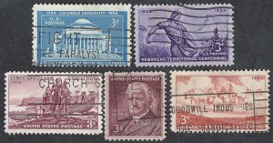 United States #1029, 1060-1063 1954 Commemoratives. Five stamps total. Used.