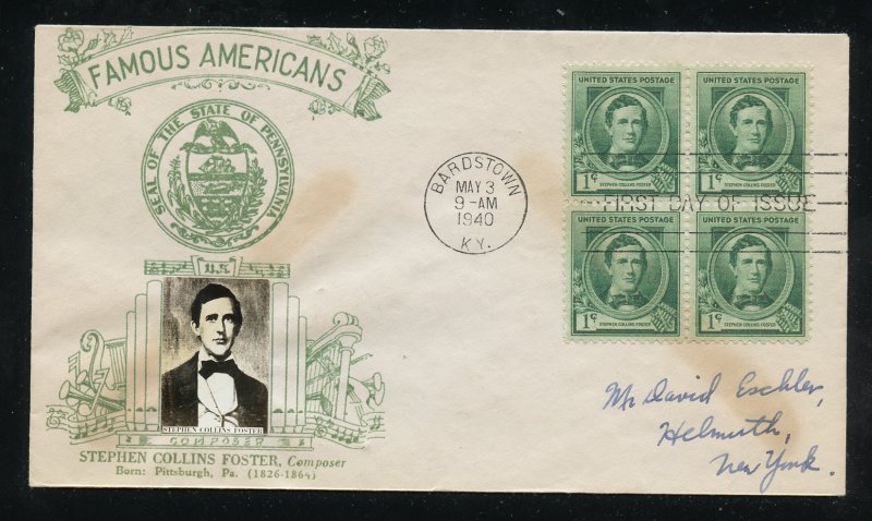 US 879 M=37B Stephen Foster Famous American Crosby photo cachet FDC ADDR 