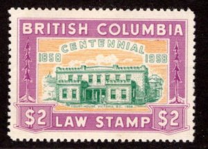 BCL50, van Dam, $2 MH, British Columbia Law Stamp, 1958 Centennial, Canada