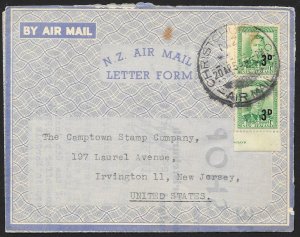 NEW ZEALAND Aerogramme 2d revalued to 6d King 1953 Christchurch cancel to USA!