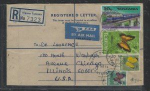 TANZANIA COVER (PP1804B)  1976 RLE TRAIN 50C+BUTTERFLY 5/-+60C+40C KIGOMA TO USA 