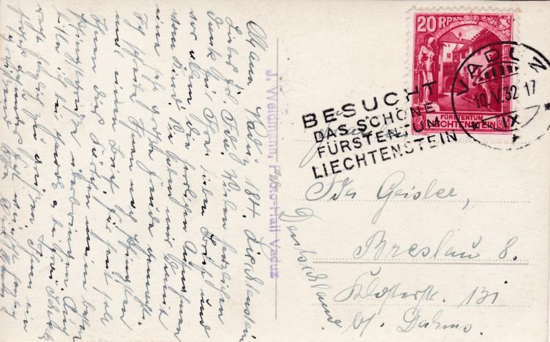 Liechtenstein 1932 Real Photo View Card. Vaduz to Germany  VF