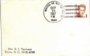 United States California Red Top Rur. Br. Merced 1987 4-bar  Postal Card  Edg...