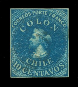 CHILE 1862 COLUMBUS 10c deep blue Scott #12a mint MH VF+