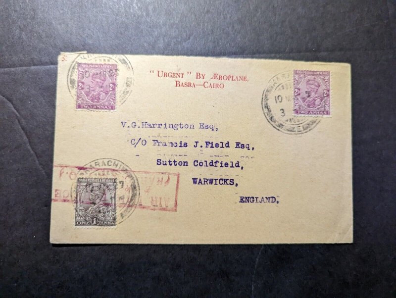 1927 India Airmail First Flight Cover FFC Basra to Warwick England