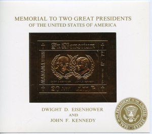 MANAMA MEMORIAL GOLD FOIL SOUVENIR SHEET TO DWIGHT EISENHOWER & JOHN F. KENNEDY