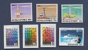 SINGAPORE  - Scott 375-377, 397-399 & 401 - unused hinged - sports, lighthouse