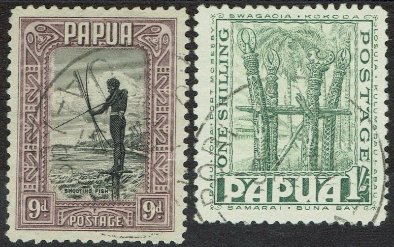 PAPUA 1932 PICTORIAL 9D AND 1/- USED  