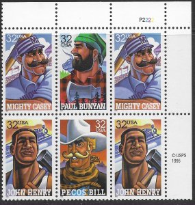 US #3083-3086 MNH Plate Block of 6. Folk Heroes.  Very Nice.