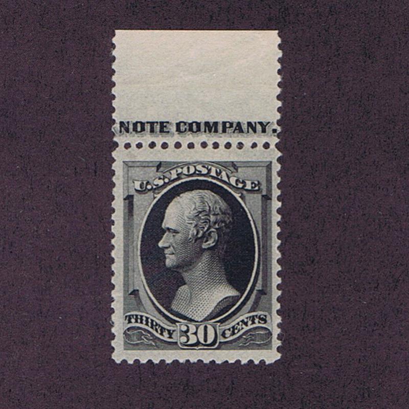 SC# 190 UNUSED OG PH 30c HAMILTON, 1879, TOP MARGIN PART IMPRINT, PF CERT VF XF