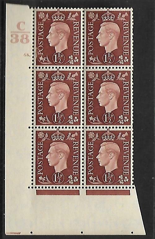 1937 1½d Brown Dark colours C38 68 Dot perf 5(E/I) block 6 UNMOUNTED MINT