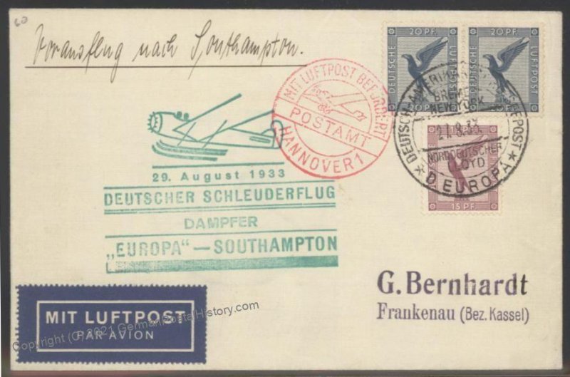 Germany 1933 Europa Southampton 29.8.1933 Catapult Cover Airmail Cachet H 103308