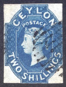 Ceylon 1857 2s Dull Blue IMPERF Wmk Star Scott 13 SG 12 VFU Cat $1400