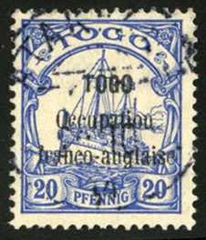 French Colonies, Togo #158 Cat$55, 1914 20pf ultramarine, used, signed Hoffma...