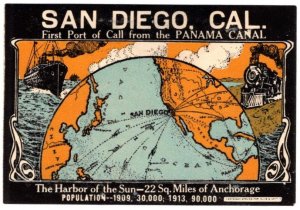 1915 US Poster Stamp San Diego, California. First Port Call From Panama Canal