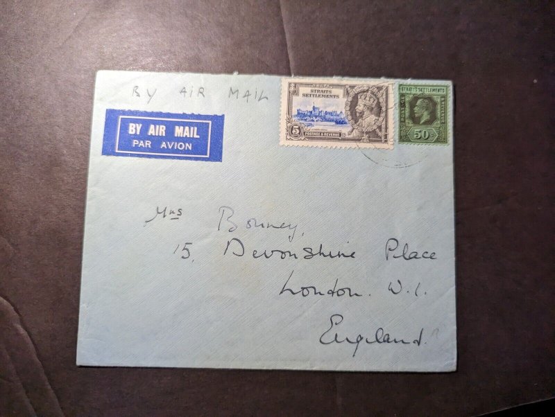 1935 British Singapore Straits Settlements Airmail Cover to London W1 England