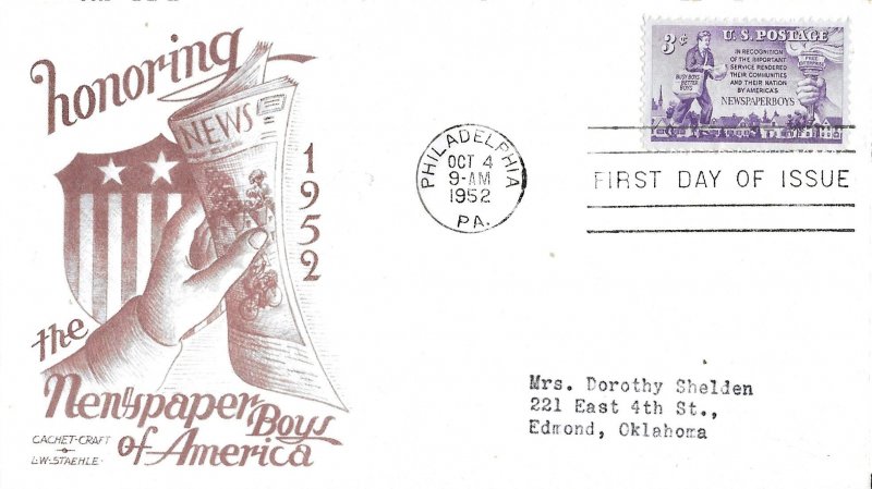 1952 FDC, #1015, 3c Newspaper Boys of America, CC/Staehle