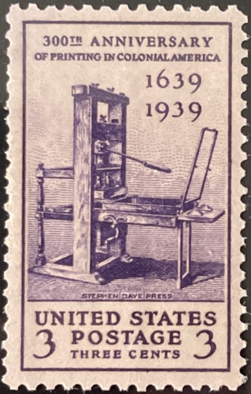 Scott #857 1939 3¢ Printing Tercentenary MNH OG VF/XF