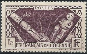 French Polynesia 104 (mh, thin) 1.25fr idols, brown violet (1934)