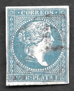 1855 Cuba #1, Used, No Gum, PH, Nice Borders, Slight Crease, Blue Green