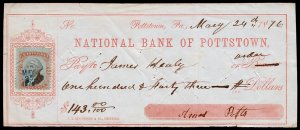 United States Revenue Scott R151 on Bank Check (1876) Used F W