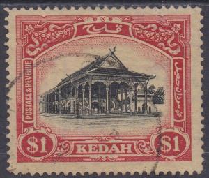 KEDAH 1921 PICTORIAL $1 WMK MULTI SCRIPT CA CROWN TO RIGHT OF CA USED