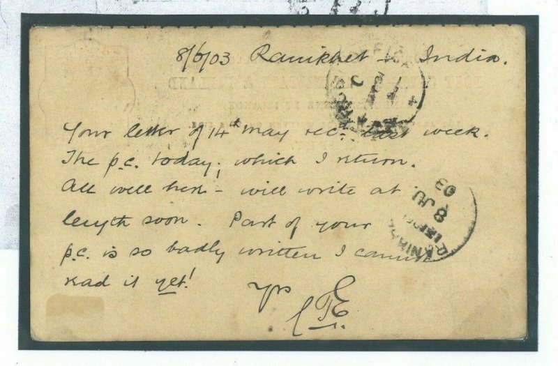 GB REPLY Card Used Abroad *Ranikhet* INDIA HILL STATION 1903 Retour Norfolk 32.4