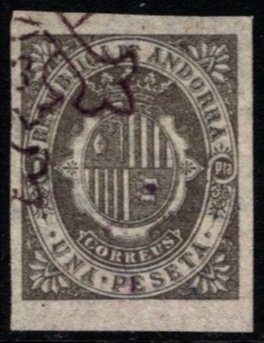 1875 Republic of Andorra One Peseta Coat of Arms Issue Unissued Cancelled