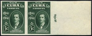 Cuba #373P, 1942 3c Ignacio Agramonte Loynaz, imperf. trial color proof in gr...