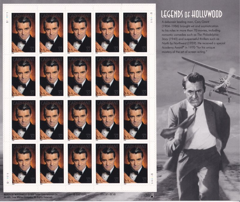 Sc# 3692 U.S 37¢ Legends of Hollywood Cary Grant 2002 sheet MNH CV $25.00