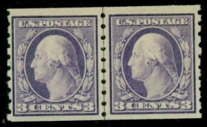 US #394 3¢ deep purple, Guide Line Pair, NH, VF, Miller certificate, Scott $925.