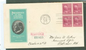 US 829 25c William McKinley (part of the 1938 presidential/prexy definitive series) block of four on an addressed first day cove