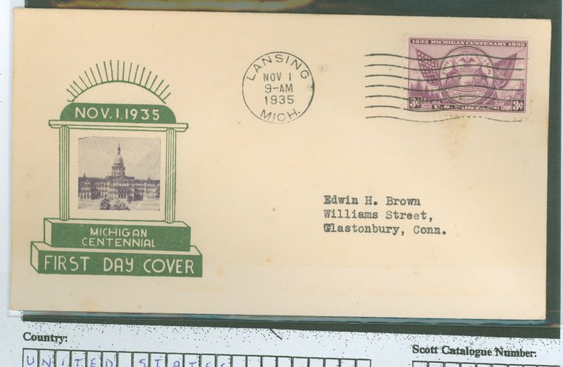 US 775 1935 michigan centennial on an addressed (typed) FDC with a cachet from an unknown publisher